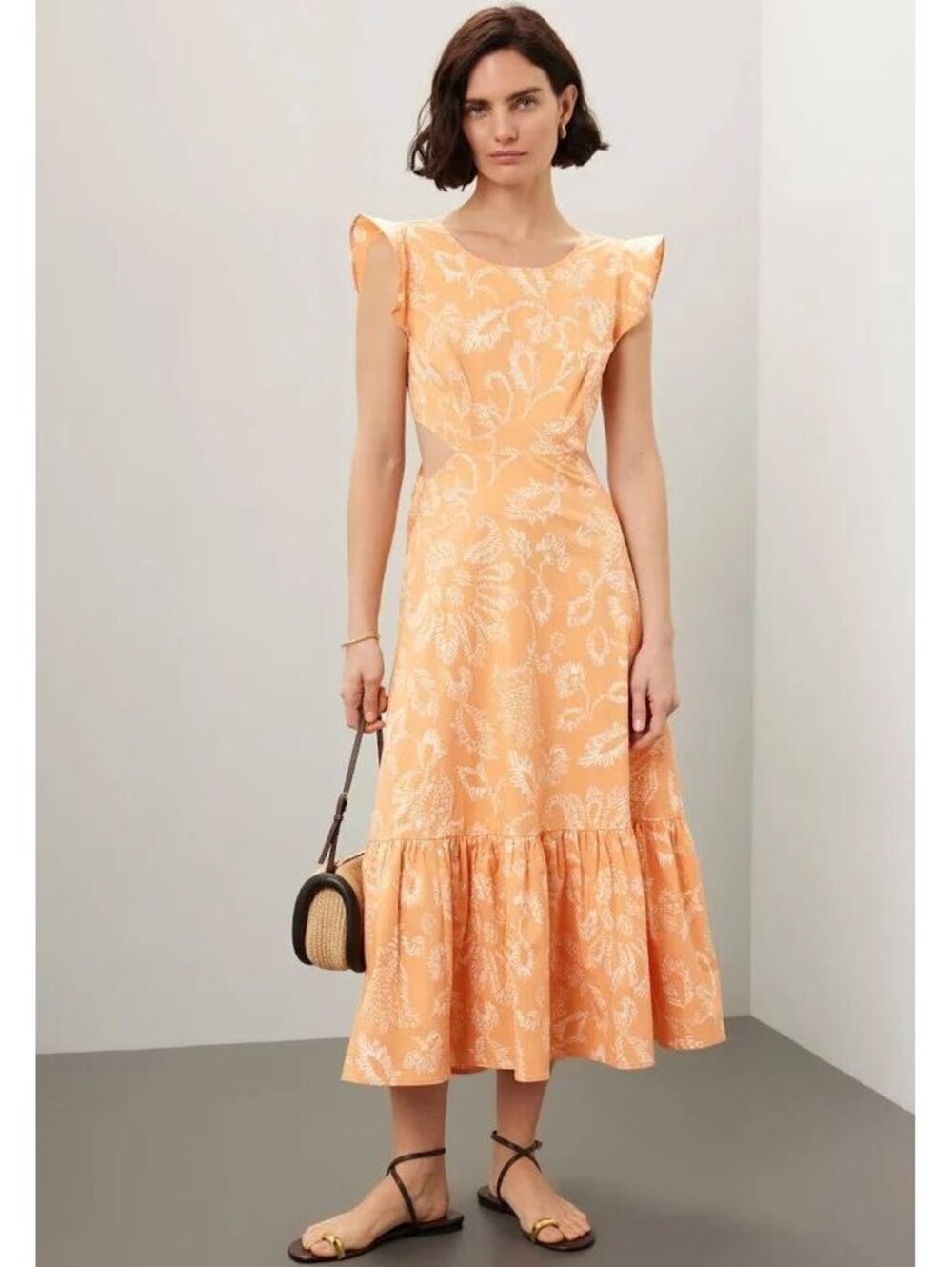 Marissa Webb Collective Orange Floral Midi Dress Cutout Back Flutter Sleeve XS